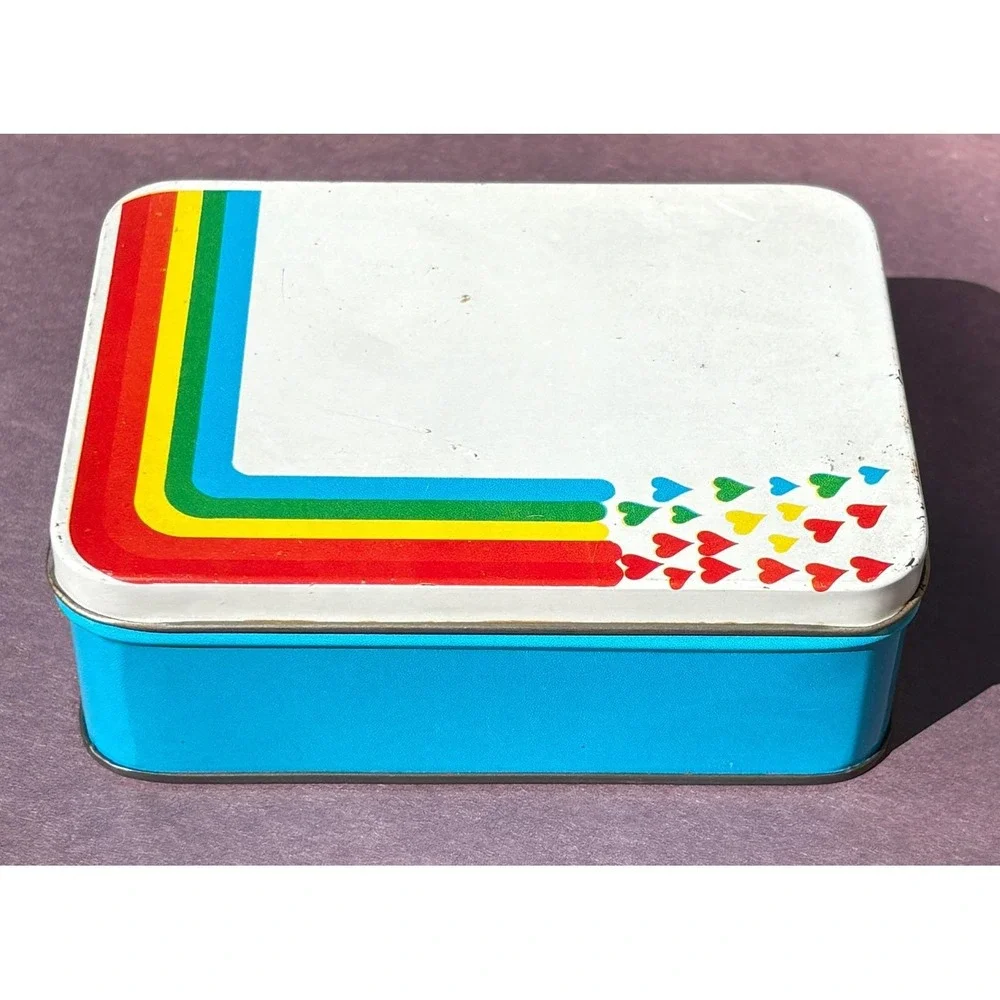 Vintage 80's Rainbow Heart Stationery Set Tin‎ Blue White Retro